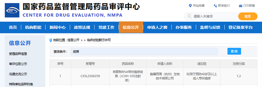 嘉晨西海srRNA带状疱疹疫苗获批临床